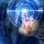 Businessman interacting with a digital interface displaying a global map