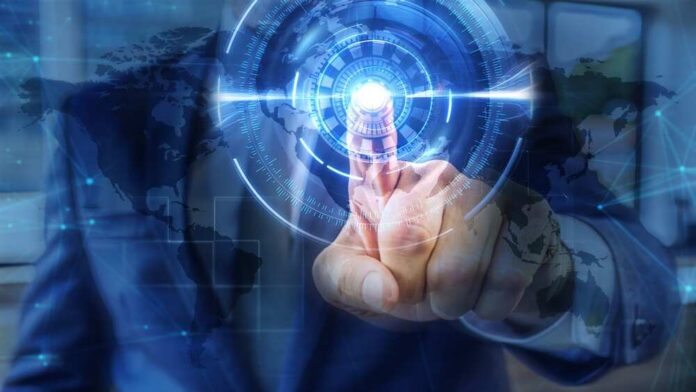 Businessman interacting with a digital interface displaying a global map