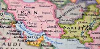 Map showing countries in the Middle East and South Asia