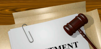 Gavel on a white paper with the word indictment on it.