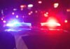 Police officer and vehicle with flashing lights.