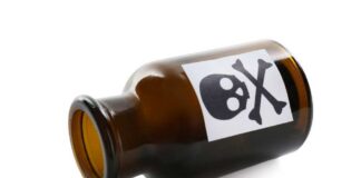 Brown glass bottle with skull and crossbones label