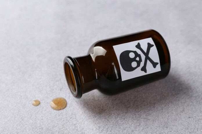 Amber glass bottle labeled with a skull and crossbones, tipped over with liquid spilled