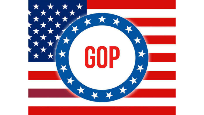 shutterstock_1391859608 American flag with GOP in a star circle.