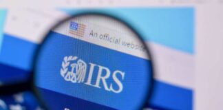 Magnifying glass focusing on the IRS website logo