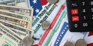 Various denominations of U.S. currency and financial documents on a flag background