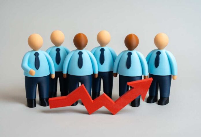 A,Group,Of,Office,Workers,And,A,Red,Arrow,Pointing