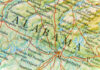 Close-up view of a map highlighting Alabama and its geographical features