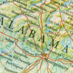 Close-up view of a map highlighting Alabama and its geographical features