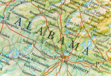 Close-up view of a map highlighting Alabama and its geographical features