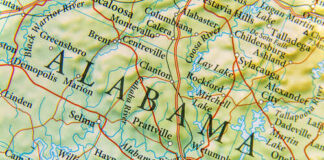 Close-up view of a map highlighting Alabama and its geographical features