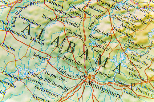 Close-up view of a map highlighting Alabama and its geographical features