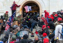 Crowd storming entrance of a government building with flags.