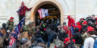 Crowd storming entrance of a government building with flags.