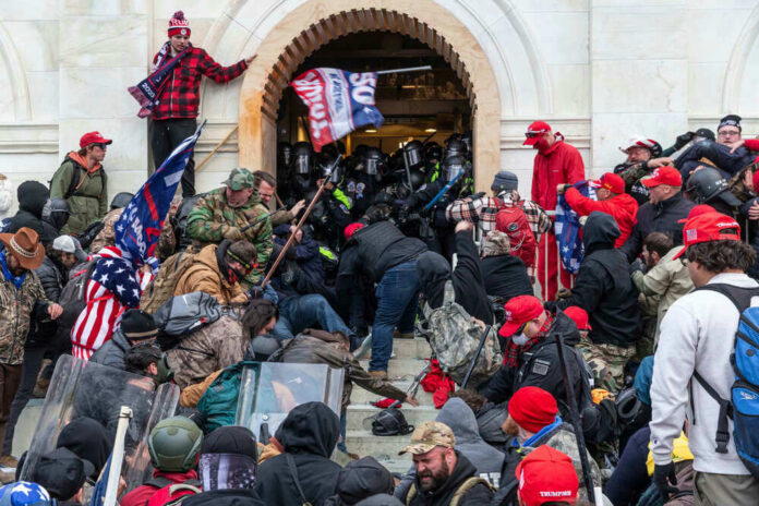Crowd storming entrance of a government building with flags.