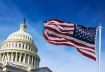 Emergency Audio Ignites DC Panic U.S. Capitol building with American flag waving.