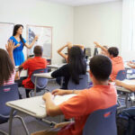 VIDEO: Pepper-Spray Drones Hit Schools Teacher instructing students raising hands in a classroom.