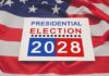 Cash Tsunami Shadows 2028 Presidential Election Sign for the 2028 presidential election on an American flag background