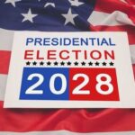 Cash Tsunami Shadows 2028 Presidential Election Sign for the 2028 presidential election on an American flag background