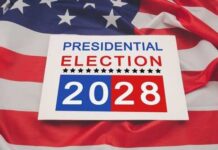 Cash Tsunami Shadows 2028 Presidential Election Sign for the 2028 presidential election on an American flag background