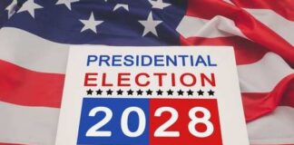 Sign for the 2028 presidential election on an American flag background