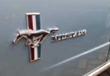 Ford Mustang emblem on a light blue car