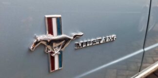 Ford Mustang emblem on a light blue car