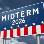Election sign reading Midterm 2026 against a cloudy sky