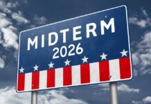 Primary Bombshell: Famous State Dumped, Chaos Looms Election sign reading Midterm 2026 against a cloudy sky