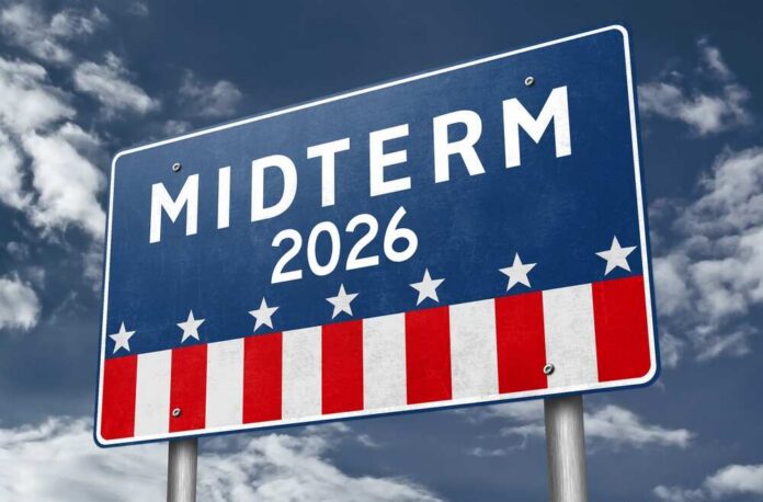 Midterm,Election,2026,In,United,States Election sign reading Midterm 2026 against a cloudy sky