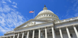 US Capitol building with American flag and columns