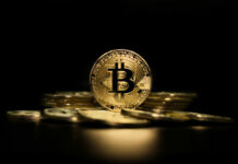 Trump Media Bleeds — Bitcoin Blunder? Gold Bitcoin coin on pile, dark background.