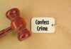 CEO Gunned Down — Killer Confesses In Court A wooden gavel next to a tag that reads 'Confess Crime'
