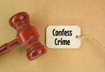 CEO Gunned Down — Killer Confesses In Court A wooden gavel next to a tag that reads 'Confess Crime'