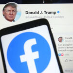 Facebook logo over Donald Trumps social media page