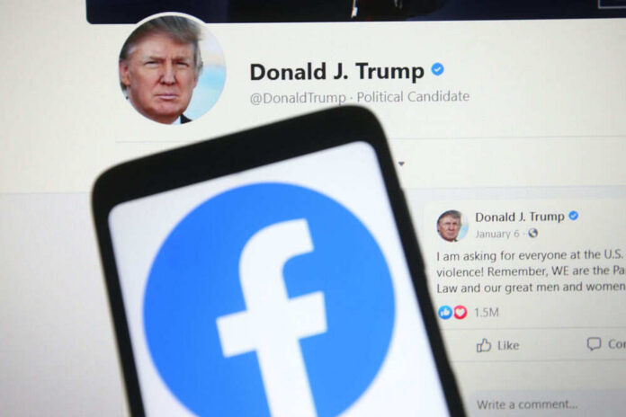 Facebook logo over Donald Trumps social media page