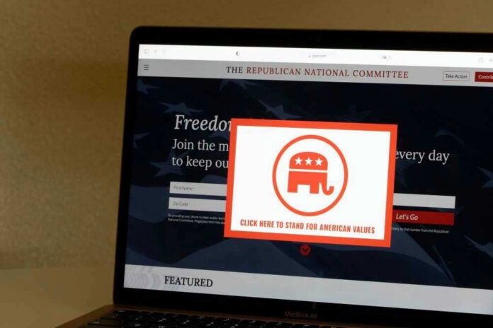 Laptop screen displaying Republican National Committee website.