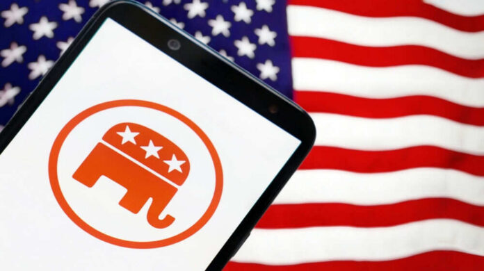 Republican elephant logo on phone, American flag background.