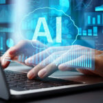 AI Doomsday Odds Spike — Insiders Panic Person typing on laptop with AI hologram