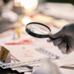 Bombshell Evidence Nails Murderer After 34 Years Gloved hand holding a magnifying glass over scattered forensic documents
