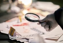 Bombshell Evidence Nails Murderer After 34 Years Gloved hand holding a magnifying glass over scattered forensic documents
