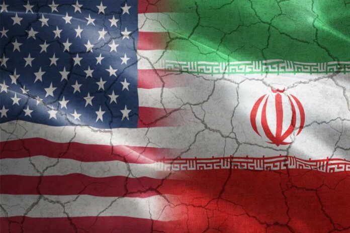 Flags of the United States and Iran blended together with a cracked texture