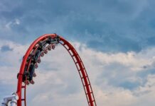 Horror Ride – Nationwide Coasters Halted Red roller coaster loop against a cloudy sky