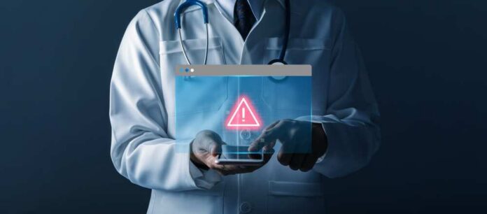 Medical,Data,Breach,,Healthcare,Cybersecurity,,And,Digital,Patient,Information,Protection Doctor with smartphone showing digital warning icon