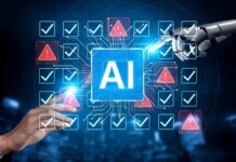 Fake Streams, Real Millions – Then Handcuffs Human and robot hands touching an AI interface with checkmarks and warnings
